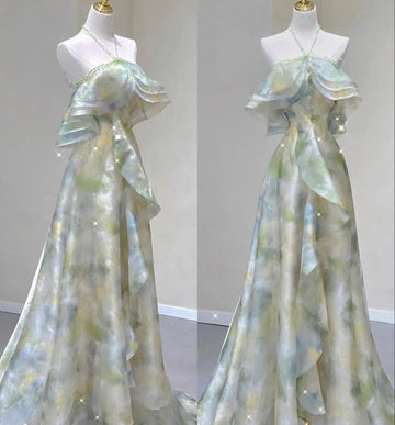 A line Off The Shoulder Halter Green Floral Long Party Dress Prom Dresses SD1473